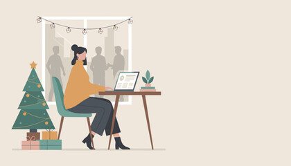 Woman working on laptop by Christmas tree Holiday season deadline and remote work illustration