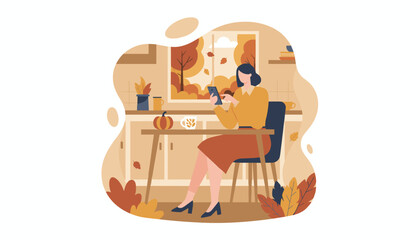 Relaxed woman using smartphone at a cozy kitchen table during the autumn season