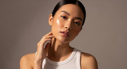 Young Asian woman posing for a beauty portrait, hand on neck, showcasing healthy skin indoors