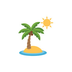 Palm tree stands on small sandy island surrounded by blue water under bright sun, creating a tranquil tropical paradise scene.