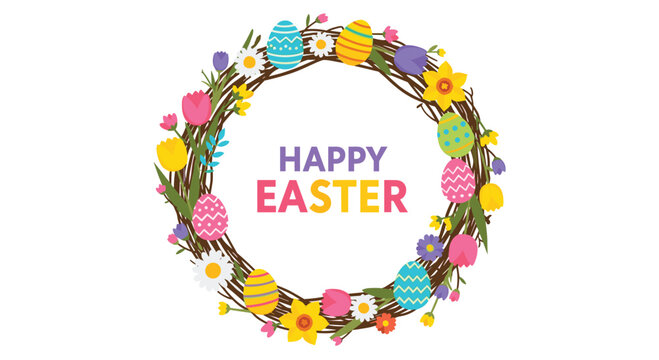 Vibrant Easter wreath bursting with colorful eggs and spring flowers creating a festive and joyful holiday greeting