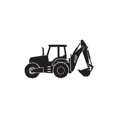 Silhouette illustration of a backhoe tractor, with a raised digging arm and bucket, isolated on a white background.