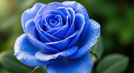 A mesmerizing blue rose, adorned with delicate water beads, unfurling its soft petals against a tranquil, blurred green backdrop, capturing the essence of natural elegance and pristine beauty