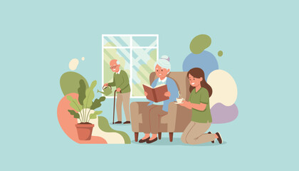 Caregiver assisting happy seniors enjoying reading and gardening at home