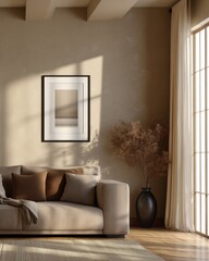 Fototapeta premium A living room with a couch, a vase, and a picture on the wall