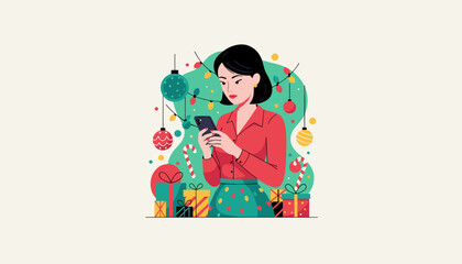 Festive woman using phone for holiday shopping surrounded by gifts and ornaments