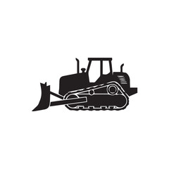 Silhouette illustration of a bulldozer, showing its tracks, blade, cabin, and engine details against a plain white background.