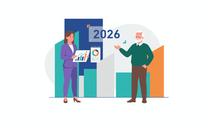 Business team analyzing financial goals and data for the year 2026 professional strategy