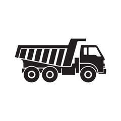 Silhouette illustration of a dump truck with a raised bed, featuring a simple, bold design against a white background.