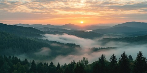 A breathtaking sunrise over a dense forest with rolling hills and misty valleys, featuring a vibrant orange sun and a cloudy sky.