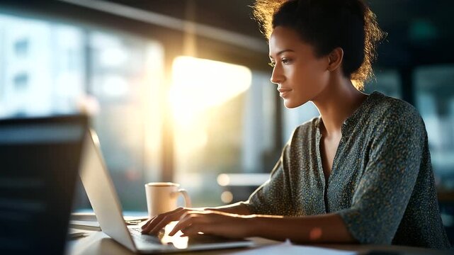 A woman in an AI tech agency codes custom software on a laptop using AI to streamline development her desk with a coffee mug and code printouts sunlight streaming through a wind