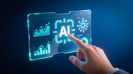 A human finger interacts with a 3D holographic AI dashboard, symbolizing seamless Business Intelligence and automation control.