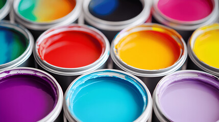 Fototapeta premium Colorful paint cans arranged in a vibrant display, showcasing a variety of hues including red, blue, yellow, and purple, ideal for artistic projects and creative inspiration