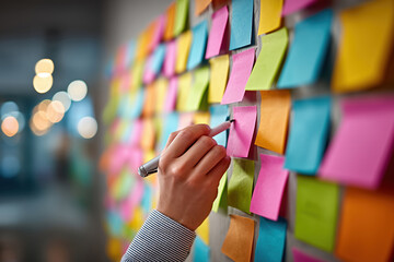 Handwriting on sticky notes on the wall &mdash; productivity and planning habits visualization.
