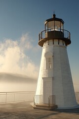 White Lighthouse In Misty Morning Sunrise
