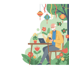 Grandfather using laptop and phone in a colorful festive garden setting