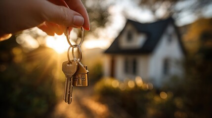 Hand Holding House Keys In Front Of Home At Sunset