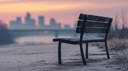 Frosty Park Bench at Sunrise with City Skyline