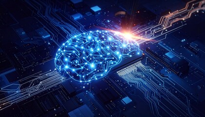 A glowing, digital brain overlaid on a circuit board, with a burst of light