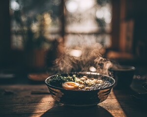 Steaming Bowl Of Ramen With Sunny Window Light