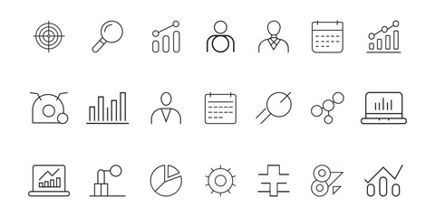 Business and finance line icon set for data analysis, reporting, and corporate management. Minimalist line icon collection for corporate and business themes. Vector icon, Vector Illustration.