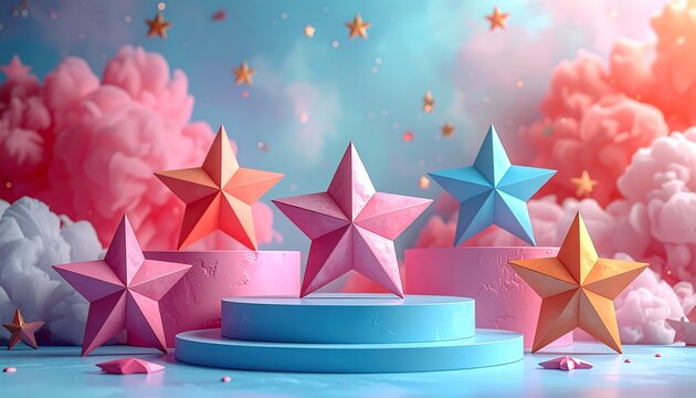 Pastel stars on pedestals, against fluffy clouds and shimmering sky
