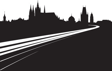 Fototapeta premium Detailed Prague Cityscape Silhouette with Road Leading to Urban Horizon Vector Art