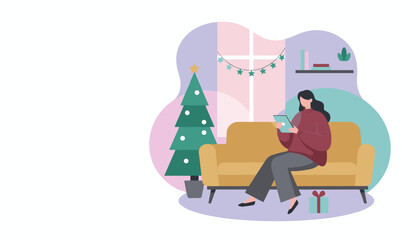 Woman using tablet on sofa in cozy Christmas living room Holiday leisure and shopping