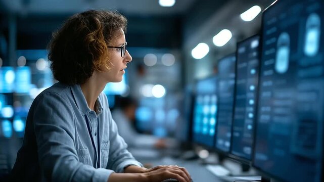 A cybersecurity analyst in a dimly lit operations room monitors and blocks automated threats with AI driven defenses dashboards showing intrusion attempts and padlock icons