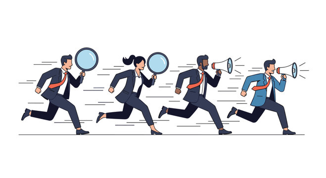 Dynamic business team actively searching and communicating goals with urgency and focus in a fast paced professional environment