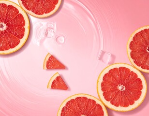Overhead shot of grapefruit slices on a pink surface with water drops