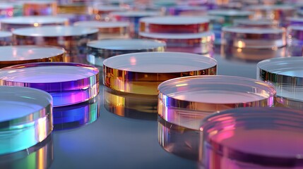 Abstract background of iridescent glass discs with colorful reflections, creating a futuristic and vibrant aesthetic
