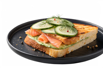 Delicious open faced sandwich with smoked salmon avocado and cucumber isolated on transparent background