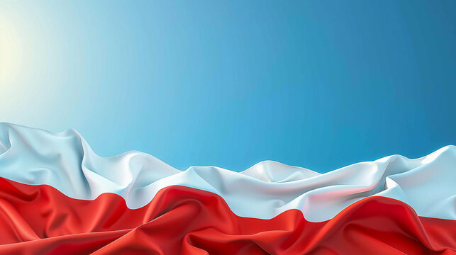 White and Red Polish Flag Fabric Draped on Bottom of Blue Background with Copy Space, National Independence Theme