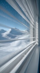 Snowy Mountain View Through White Blinds