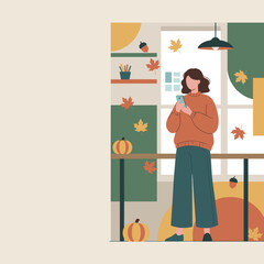 Woman using smartphone in a cozy autumnthemed room with falling leaves