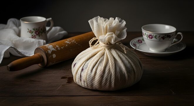 Victorian Pudding Cloth: Rustic Christmas Pudding Still Life with Antique Teacup & Moody Light