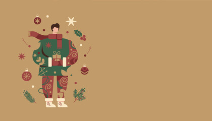 Festive man holding a Christmas gift surrounded by holiday ornaments Winter background with copy space