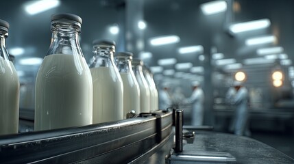 Milk Bottles On Conveyor Belt In Modern Dairy Factory