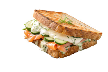 Delicious smoked salmon sandwich with cream cheese and cucumber isolated on transparent background