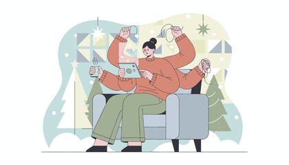 Multitasking woman handles tablet and holiday stress indoors during winter