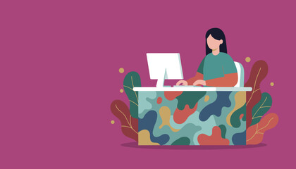 A female professional works on her computer at a stylish illustrated desk Remote work concept