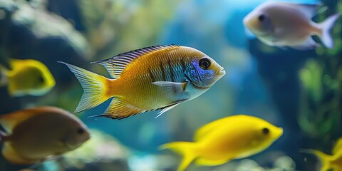 Fototapeta premium A vibrant aquarium scene with a variety of colorful fish swimming around a lush green coral reef.