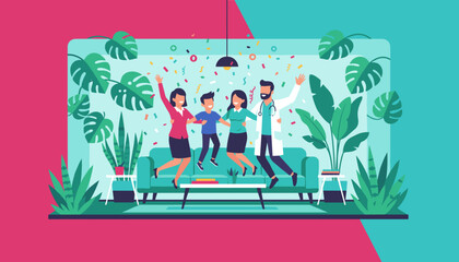 Family and doctor celebrating health success with confetti in a cheerful modern interior