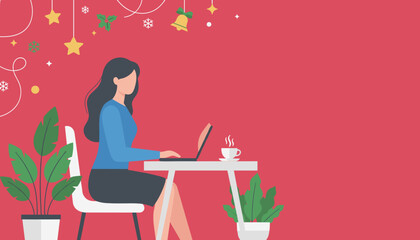 Festive remote work Woman on laptop with coffee red background holiday decorations