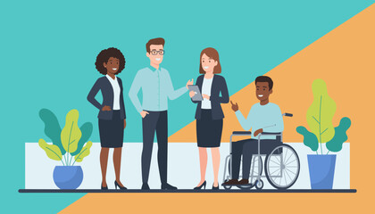 Obraz premium Diverse business team collaborating including a wheelchair user Equality and workplace inclusion