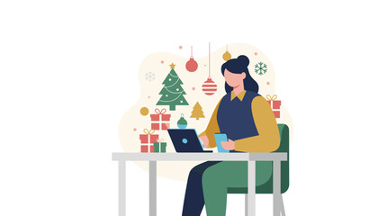 Woman shopping online or working remotely amidst festive Christmas decorations and gifts
