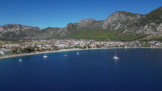 Drone footage taken from the beach and sea of ​​the &Ouml;ren Neighborhood-Holiday Village in the Milas district of Muğla province in T&uuml;rkiye
