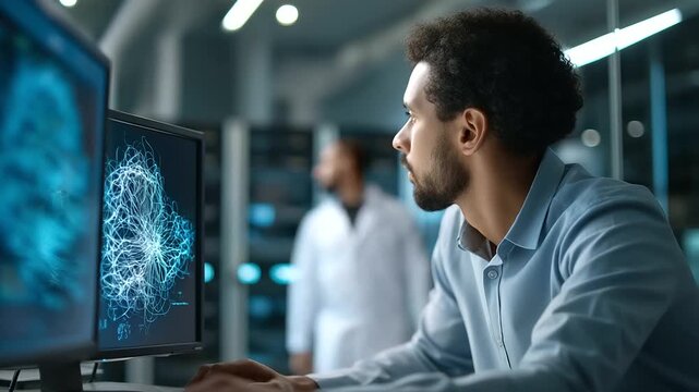 A data center developer monitors AI LLM visualizations on a PC screens showing neural network processes server racks in the background AI LLM development data center tech mach