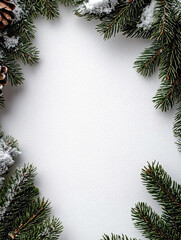 Top view of four clusters of dark green fir branches and pinecones forming a vertical border around a pure white background with large copy space. Elegant, classic seasonal frame for holiday greetings